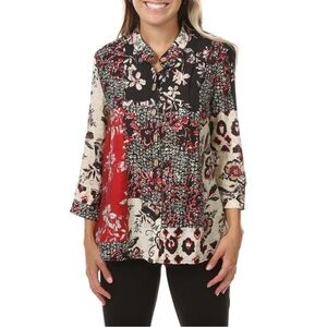 Multiples Red & Black Multi Band Collar Button Front Blouse Size 2X